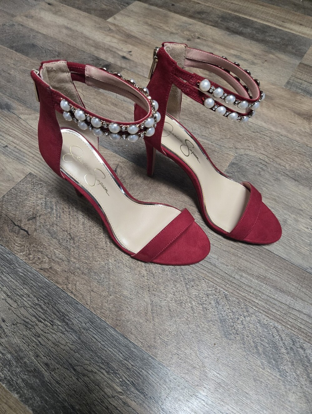 Jessica Simpson Red Pearl-Trim Ankle-Strap Heels